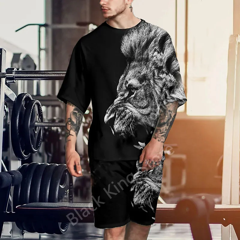 חולצת הטריקו של הגברים סטים 3D חיה אריה הדפסה גדול מכנסי ספורט העליון אימונית Oversize תלבושת קיץ, שרוול קצר בגדי - 0
