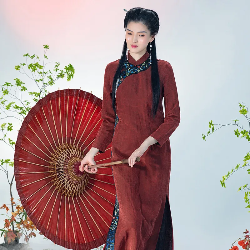 חיים משמאל נשים Gambiered גואנגדונג גזה שיפור Cheongsam שרוול ארוך רקמה מסורתית סינית שמלת משי - 0
