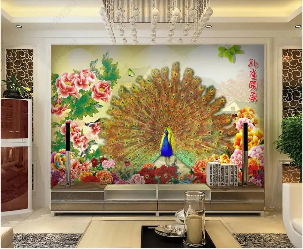 טפט תמונה 3 d מותאם אישית ציור בסגנון סיני טווס לפתוח מסך אדמונית תפאורה בסלון טפט על קירות בגלילים - 0
