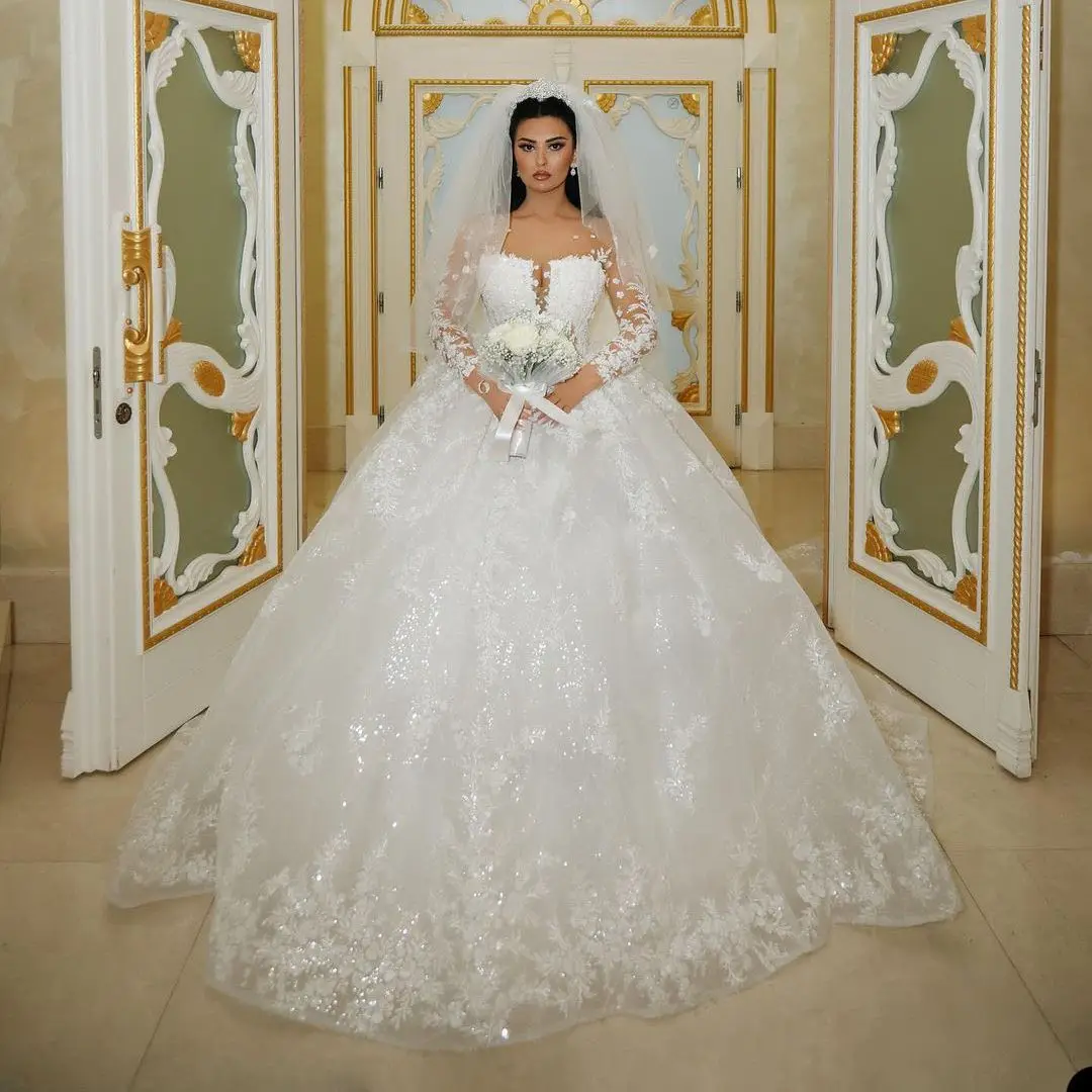 יוקרה חתונה לבנה שמלות העצום הצוואר נוצץ נצנצים פייטים ארוך שרוולים תחרה אפליקציה אלגנטי שמלות כלה Vestido De נוביה - 0