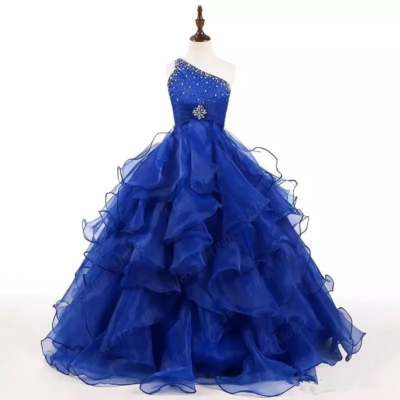 כחול פרח ילדה שמלות חתונה רשמית נוצץ גבישים מקסים Royalg כתף אחת יום הולדת לילדים שמלות אכילת לחם הקודש - 0
