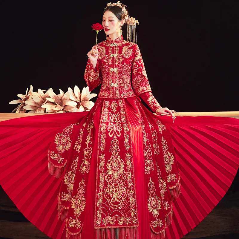 נשים האדום רקמה שמלת חתונה אלגנטית מנדרין צווארון נישואין Cheongsam טוסט בגדים - 0