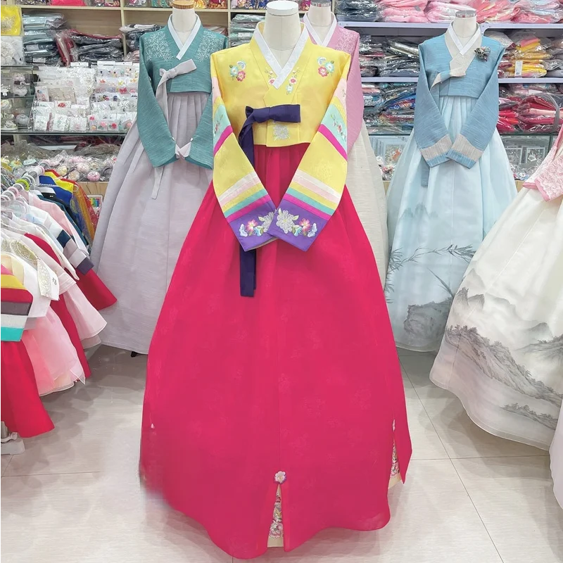 נשים ההאנבוק הזה חתונת כלה שמלת החולצה הצהובה ו ורד אדום חצאית מעולה ההאנבוק הזה רקמה קוריאנית מסורתית עממית הבמה - 0
