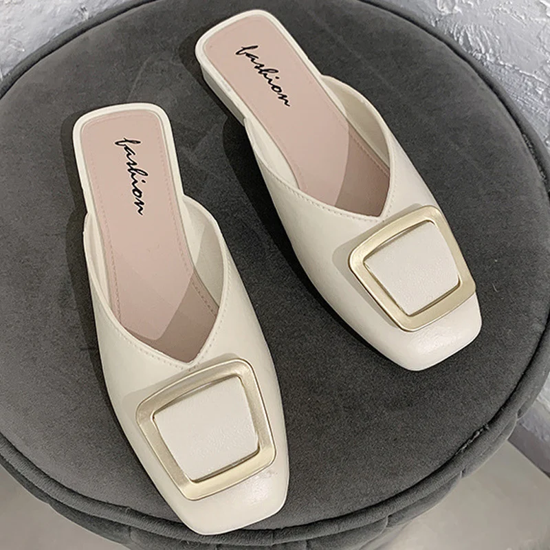 נשים נעלי קיץ להחליק על פרדות מזדמנים נעלי אבזם רבוע הבוהן נעליים שטוחות סנדלים מעצב מותג סנדלי נשים 2021 אופנה חדשה - 0