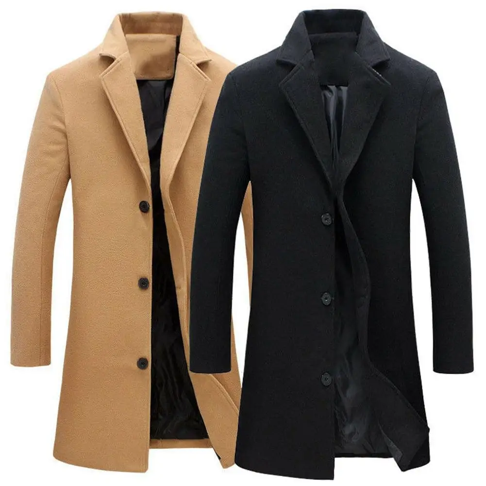סתיו חורף אופנת גברים צמר מעיל מוצק יחיד עם חזה דש מעיל ארוך מעיל גודל גדול הגברי עבה חם הלבשה עליונה - 0