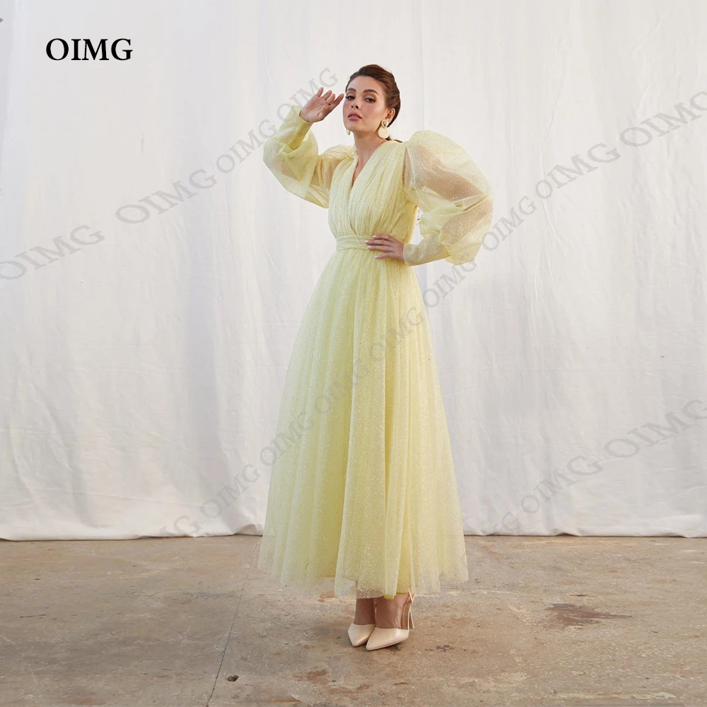 צהוב נצנצים בלינג ערב רשמי שמלה ארוכה נשים אלגנטי 2023 צוואר V מלאה שרוולים קפלים קו אורך רצפת שמלת נשף - 0