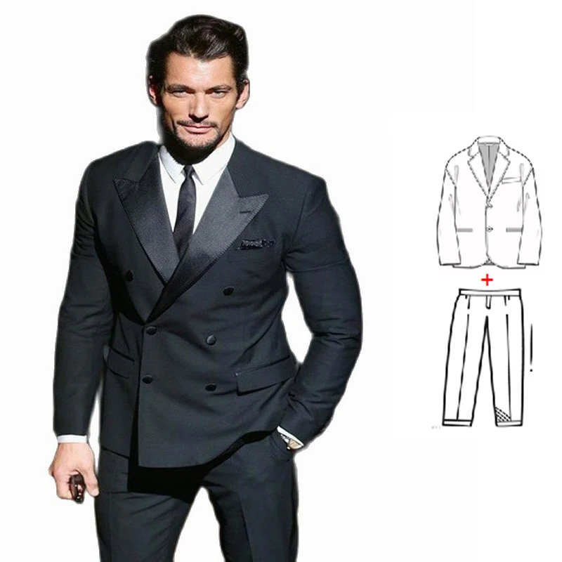 קלאסי 2 יחידות חליפה לגברים כפול עם חזה סלים להגדיר עסקים חליפות חתן טוקסידו לחתונה De Trajes גבר (קט+מכנסיים) - 0
