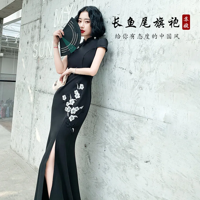 שחור בת ים בסגנון סיני הגברת Cheongsam חזק ארוכה אלגנטית שמלה מידות גדולות 3XL Vestidso בציר אדום כלה חתונה צ ' יפאו - 0