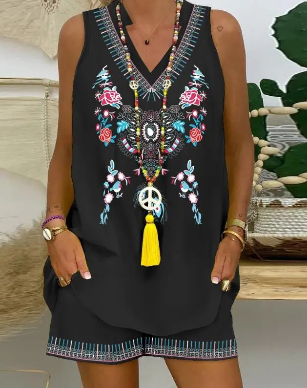 שתי ערכות קטע נשים Outifit 2023 אופנה הקיץ השבט פרחוני הדפסה חריץ הצוואר שרוולים העליון & מזדמן כיס עיצוב סט מכנסיים קצרים - 0