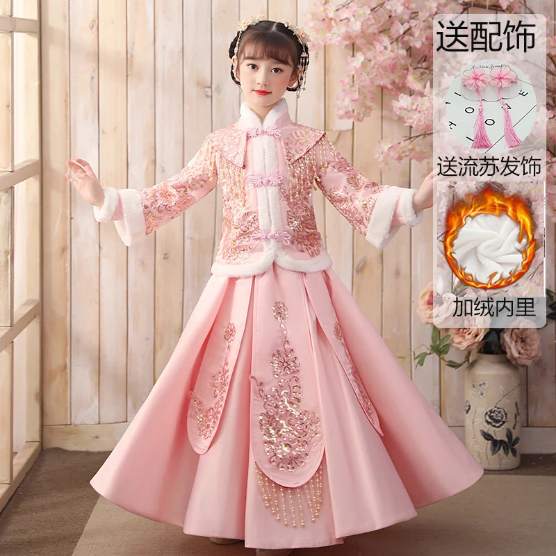 2 צבעים בסגנון סיני לילדים Hanfu השמלה סט משובח אדום ורוד לעבות צמר השנה החדשה הנסיכה שכמייה, חצאית Elegent טאנג חליפה - 1