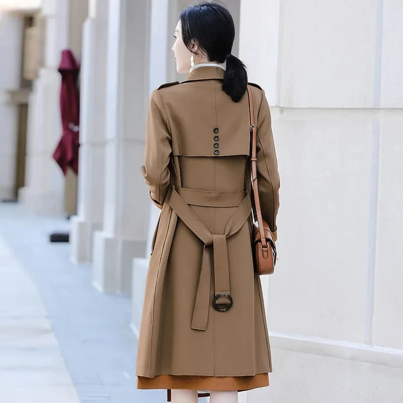 2022 סתיו דק צבע מוצק ארוך מעיל רוח אופנה קוריאנית קלאסיק זוגי עם חזה חגורת נשים מעיל אלגנטי הלבשה עליונה - 1