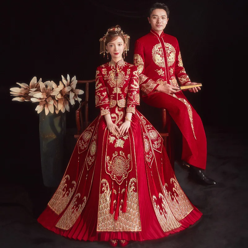 2022 רטרו סיני מעודן, מסוגנן מנדרין Cheongsam צווארון הכלה האדום פניקס רקמה שמלת החתונה - 1