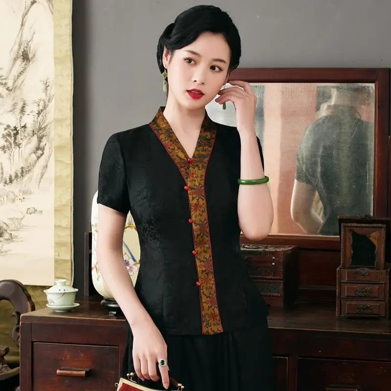 2023 החדש סינית מסורתית וינטג', חולצה קיץ v-צוואר קצר שרוול משופר קרדיגן סיני רטרו tangsuits לנשים - 1