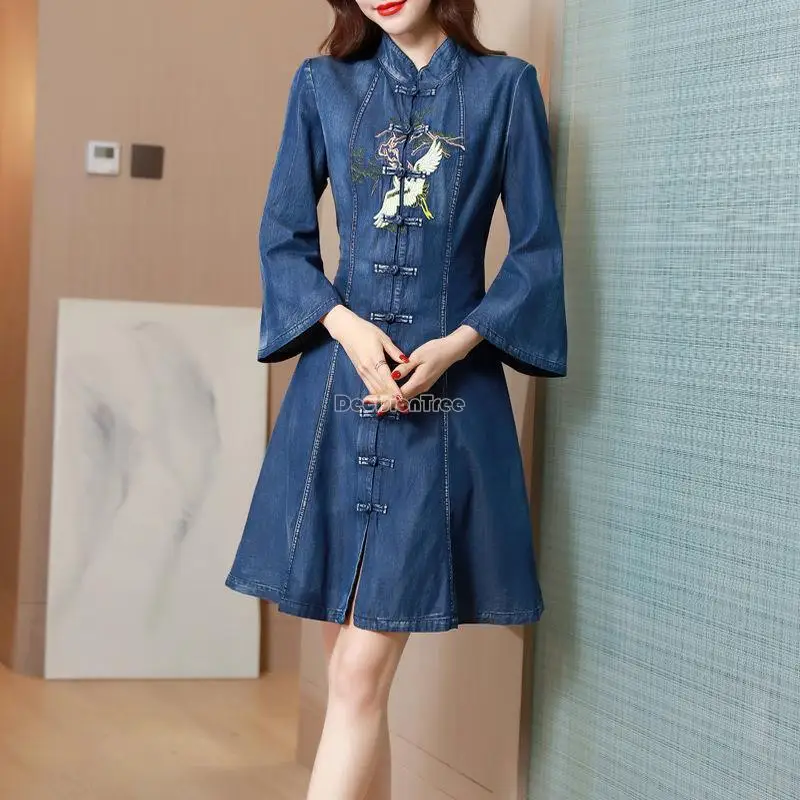2023 סתיו סיני חדש בציר רקמה שיפור cheongsam סגנון ג ' ינס, שמלה נשית התלקח השרוול קו a-שמלה קצרה g1007 - 1