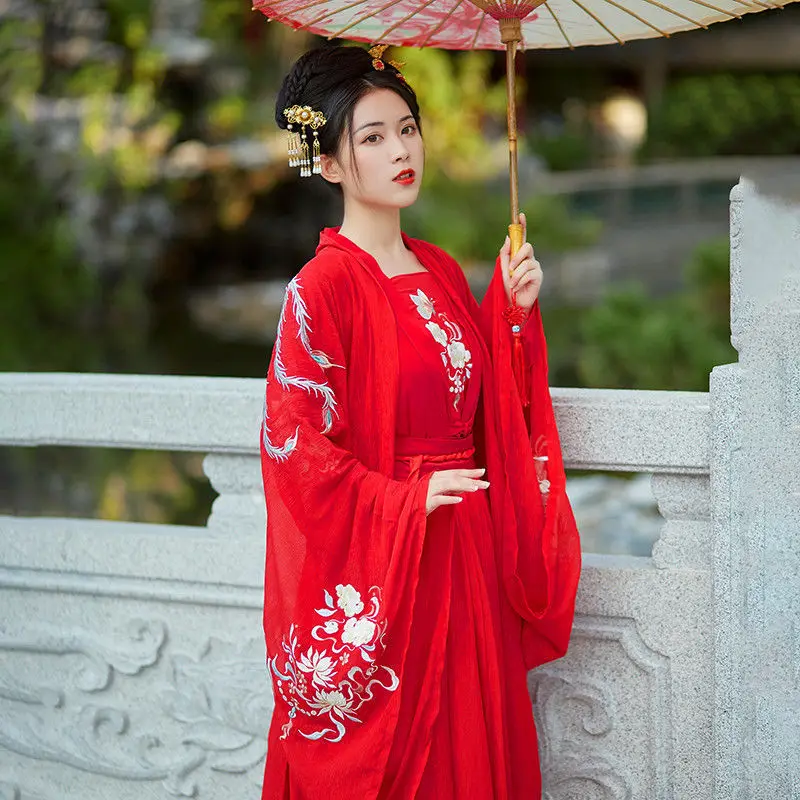 2pc המקורי של שושלת מינג נקבה Hanfu שמלה חליפה יומי תעשייה כבדה רקמה אורך מותן אדום חצאית חצאית Hanfu - 1