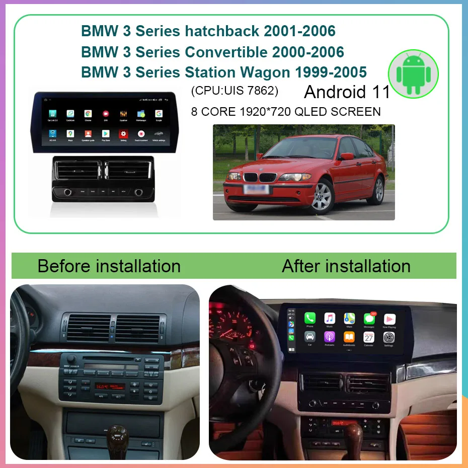 8+128GB אנדרואיד 11 רדיו במכונית BMW סדרה 3 האצ ' בק/גג נפתח/משפחתית/קופה/ארבעה דלתות סדאן 1998-2006 GPS WIFI - 1
