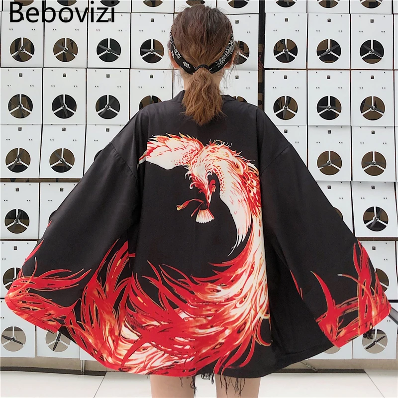 Bebovizi בסגנון יפני בוער Phenix הדפסה קט קימונו Harajuku נשים גברים סקסי יאקאטה נקבה אופנת רחוב מסורתי Haori - 1