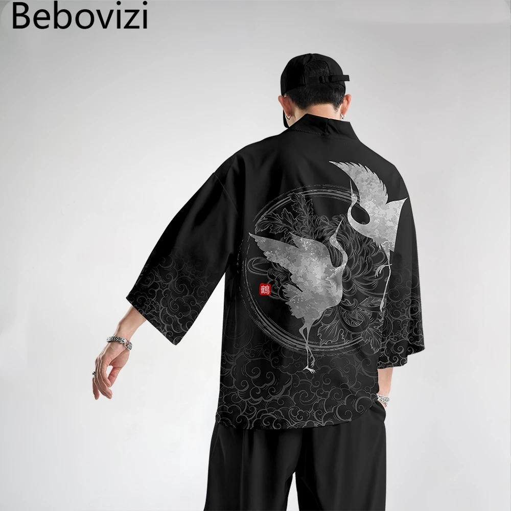 Bebovizi יפנית קריין קימונו Cosplay שאיפה גברים נשים קרדיגן סמוראי החלוק בגדים שחורים בקיץ יאקאטה בציר Haori - 1