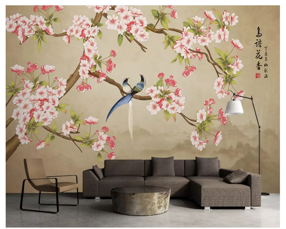 beibehang חדש בסגנון סיני מצוירים ביד אופנה נייר קיר כלבי-ים פרח ציפור נוף טלוויזיה ספה רקע טפט 3d - 1