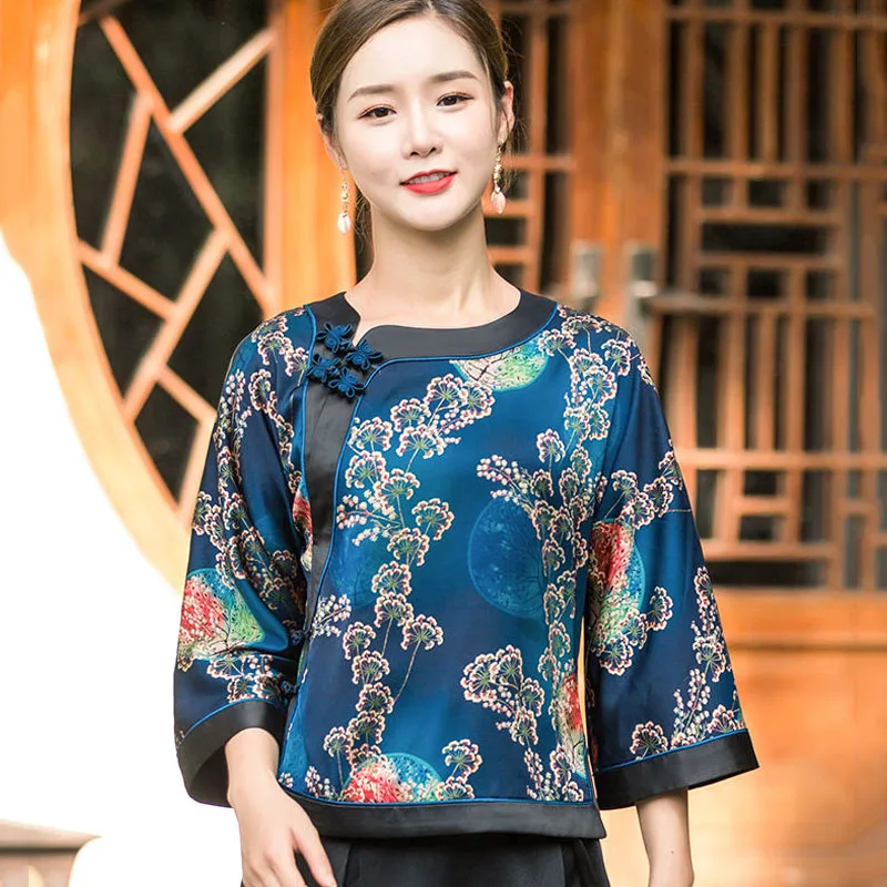 Cheongsam לנשים בתוספת גודל צמרות 2023 קיץ משי אמיתי טביעות החדרת O-צוואר מסורת סינית בסגנון רזה צ ' יפאו חולצות אישה - 1