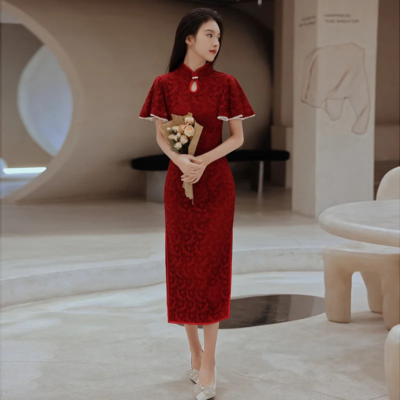Cheongsam שמלת הסינית המודרנית Trational תחרה אדומים Cheongsams צ ' יפאו בציר מזרחי מסיבת חתונה שמלות נשים - 1