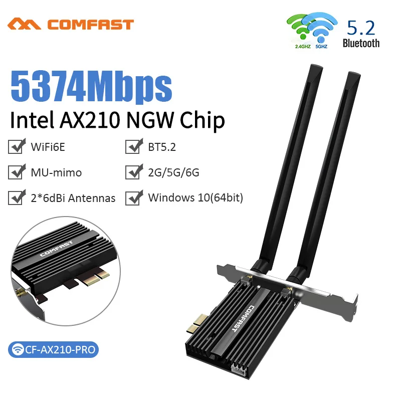 Comfast 5374Mbps WiFi 6E PCIE אלחוטית WiFi מתאם Bluetooth 5.2 מידע AX210 Tri Band 2.4 G/5Ghz PCI Express 802.11 AX Wi-Fi כרטיס - 1