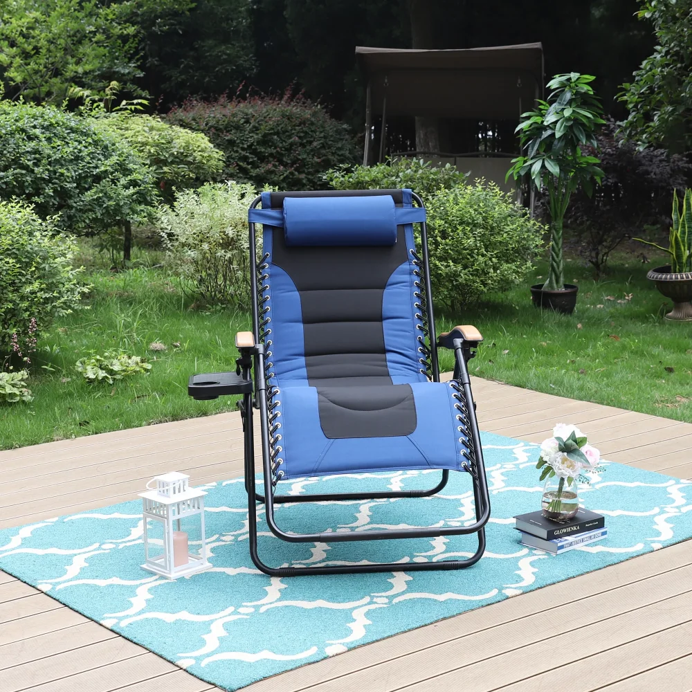 MF סטודיו XL גדול מרופד אפס כבידה כיסא מתקפל טרקלין כורסאות עם מחזיק כוסות כחול - 1