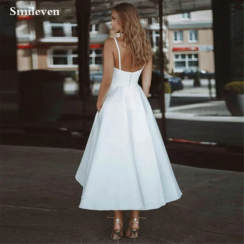 Smileven סאטן קצרה שמלות חתונה עם רצועות קרסול LengthButtons בחזרה t כלה שמלת חלוק De Mariage תחרה - 1