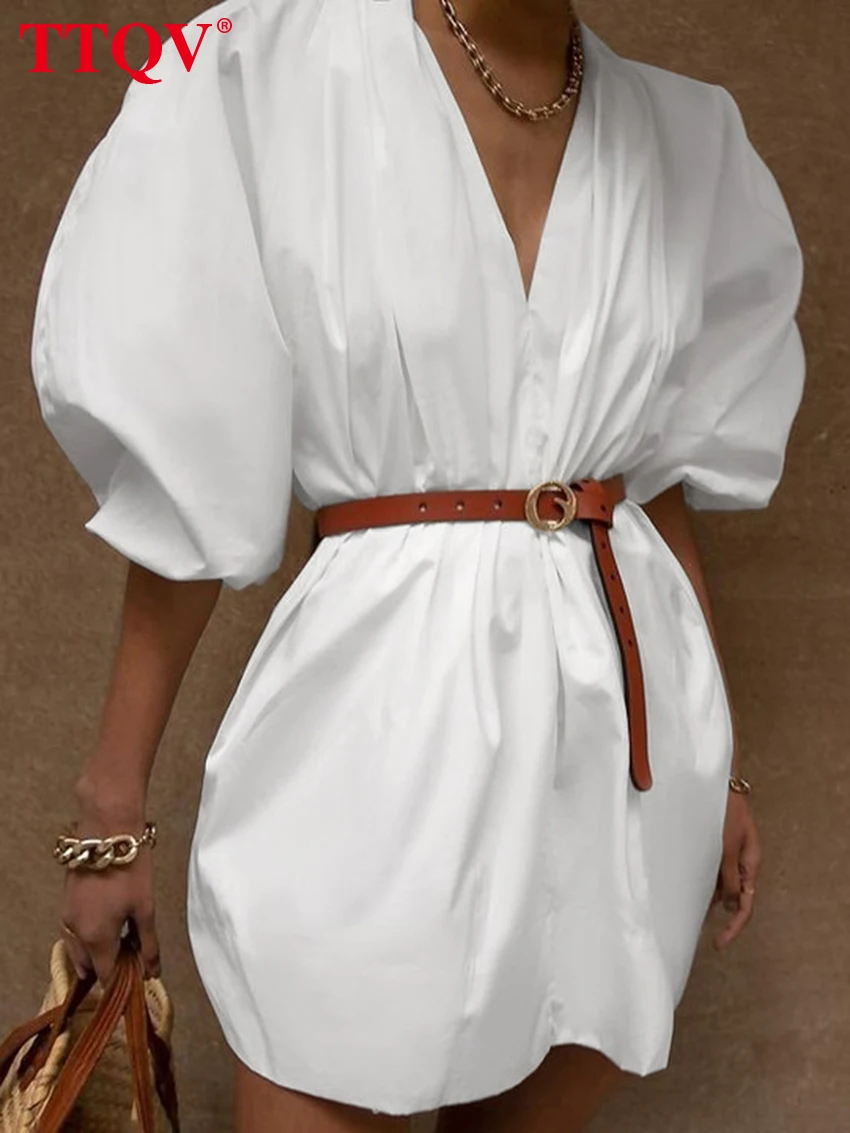 TTQV מזדמנים לבן V-צוואר נשים שמלות 2023 אופנה פאף שרוול ישר הנשי שמלות אלגנטיות מוצק שמלת מיני Streetwaer - 1