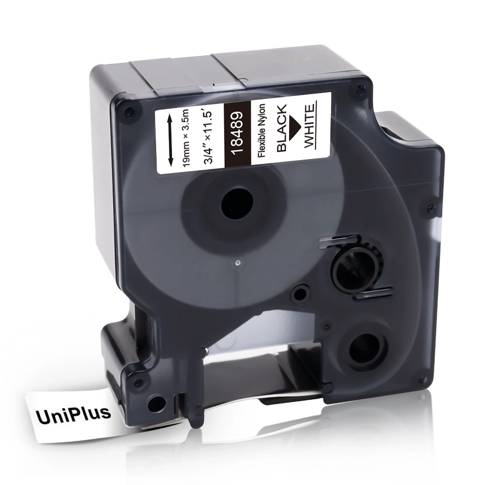 UniPlus 19mm ניילון לייבל הקלטות 18489 להחליף Dymo קרנף תעשיות תווית מדפסת 4200 5200 6000 6500 4200 שחור על גבי לבן תווית מדבקה - 1