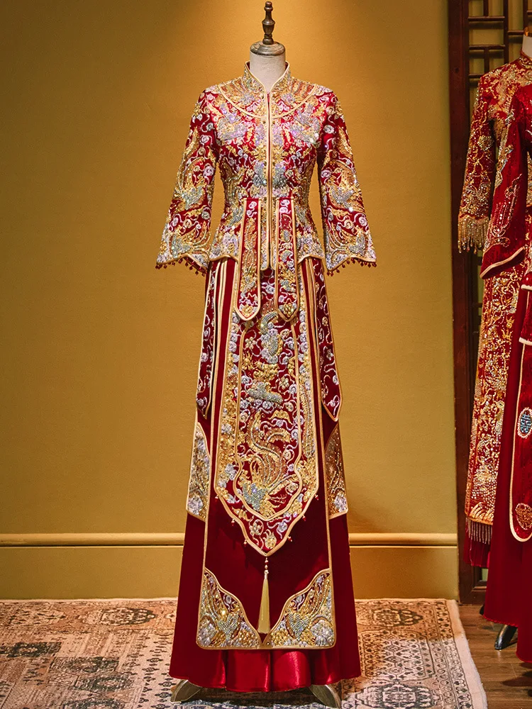 Yourqipao סיני Xiuhe בגדים 2023 המסורתי החדש Cheongsam שמלת החתונה טוסט העתיקה Custumes כבד חרוזים שמלות כלה - 1