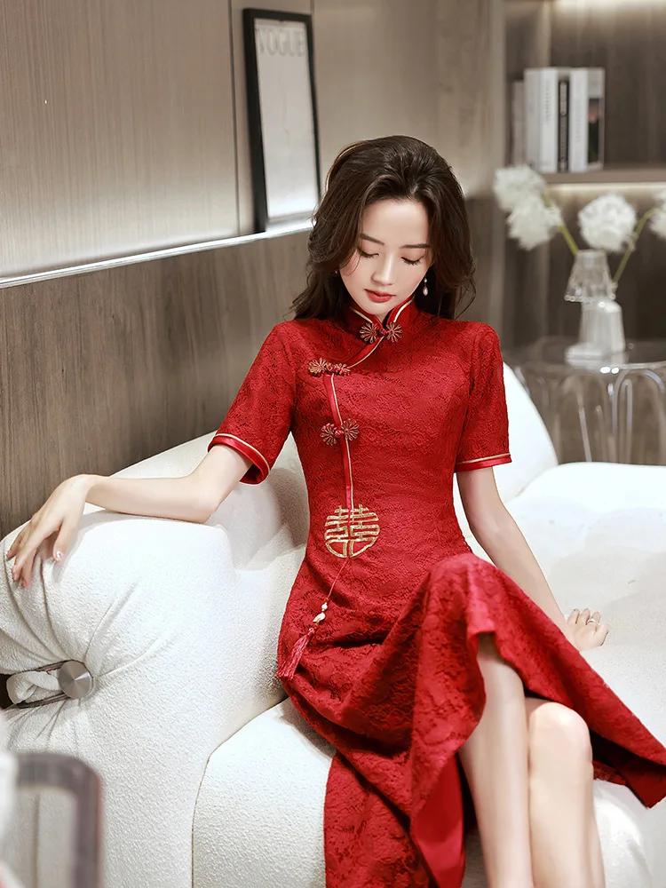 Yourqipao סינית מסורתית Cheongsam לחיים בגדים 2023 חדש סין שמלה אדומה נשים אירוסין נשף שמלות ערב - 1