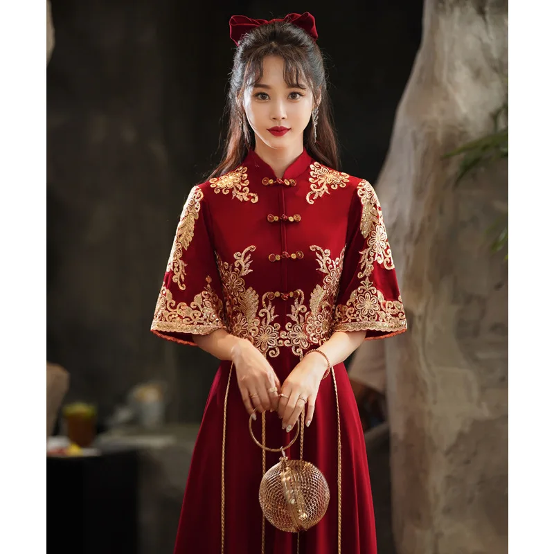 אדום מסורתי שמלת הכלה הסינית החתונה Cheongsam וינטאג אלגנטית טוסט בגדים מודרניים ערב המפלגה שמלת צ ' יפאו Vestido - 1
