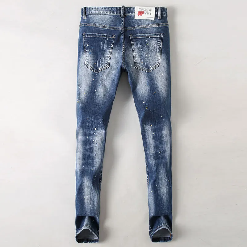 אופנה וינטג גברים ג 'ינס רטרו כחול רזה אלסטי מתאים חור, קרע בג' ינס גברים צבועים מעצב היפ הופ ג ' ינס עיפרון מכנסיים גבר - 1