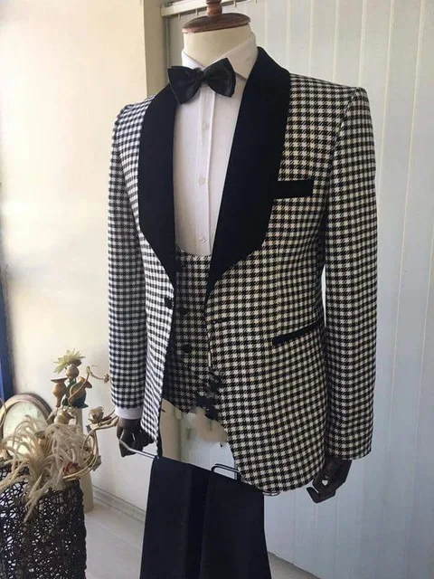בדוק משובץ החתן חליפות חתונה Slim Fit גברים עם חליפות קטיפה הצעיף דש הנשף הכי טוב גבר בלייזר ( ז ' קט+מכנסיים+וסט) - 1