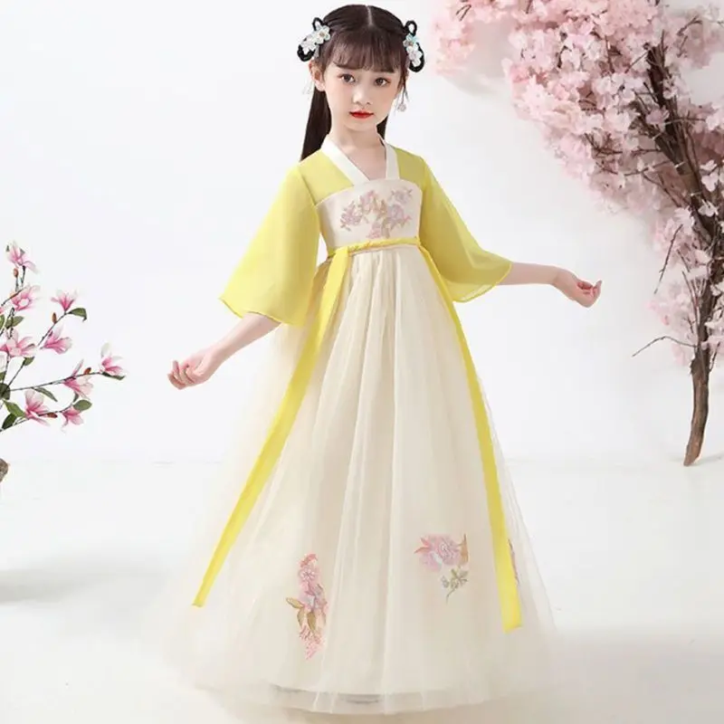 בנות ילדים תחפושת נסיכת פיות הסינית מסורתית בסגנון חזה מלא באביב ובסתיו ילדים צהובים Hanfu השמלה - 1