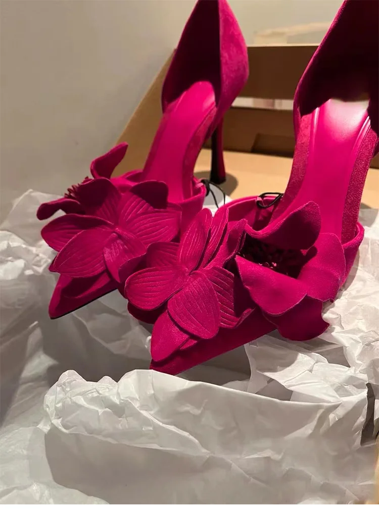 גבירותיי אדום מוצק פרחים תחרה ייחודי סקסי סנדלי צלב קשור Stiletto עקב מסיבת 2023 הגעה חדשה קיץ האישה נעליים - 1