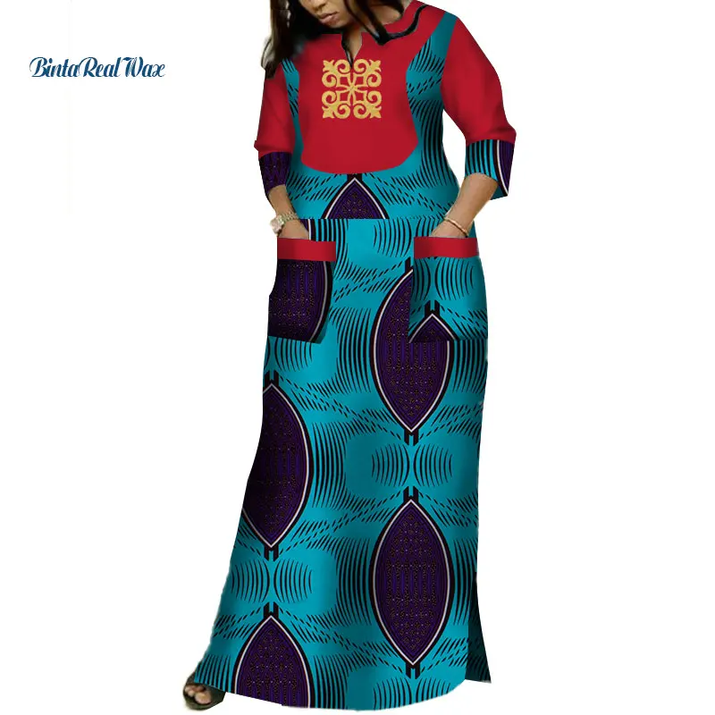 דאשיקי אפריקה שמלות לנשים Bazin ריש אפליקציה להדפיס שמלות ארוכות עם 2 כיסים אפריקאי מסורתי בגדים WY3620 - 1