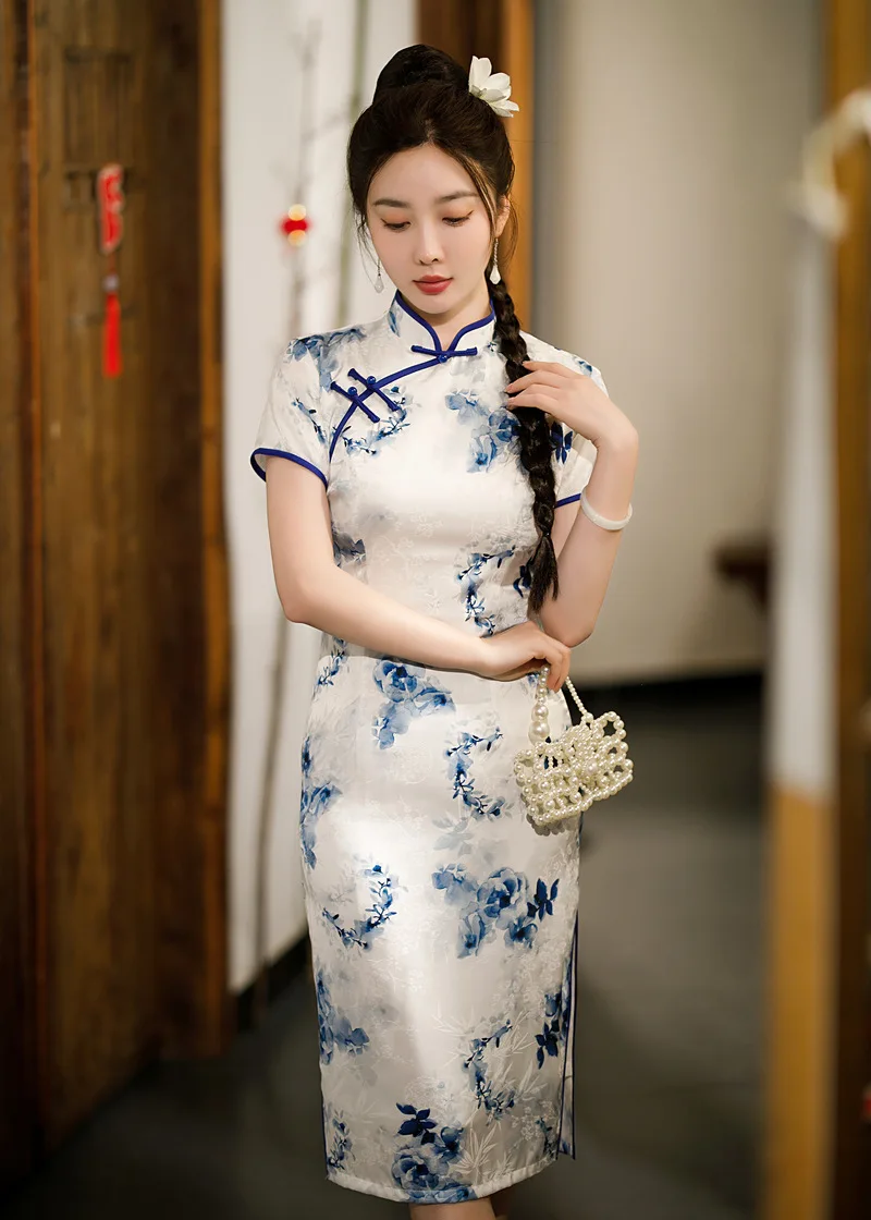 הסגנון הסיני המסורתי המשופר Cheongsam גבוהה פיצול בציר שמלת נשים פרחוני הדפסה סלים צ ' יפאו - 1