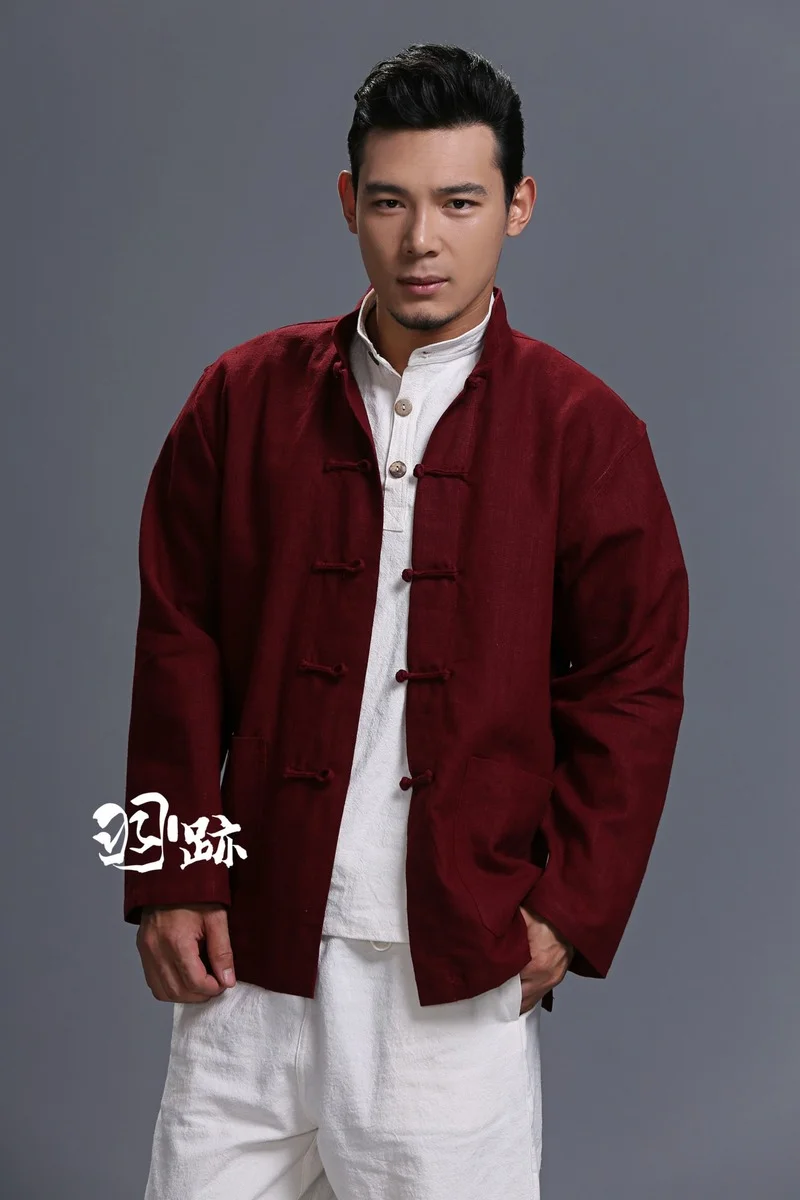 הסגנון הסיני המשופר טאנג חליפת ז 'קט בסגנון סיני מצעים מותאמים דש עם שרוולים ארוכים רטרו כפתור רופף של הגברים ז' קט - 1