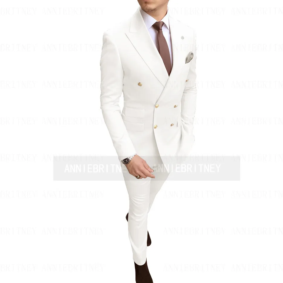 התאמה אישית כפולה עם חזה לבן חתונה חליפה לגברים Slim Fit לשיא דש שמלת הערב מסיבת החתן טוקסידו בלייזרס המכנסיים - 1