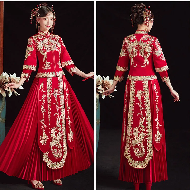 חתונה צ 'יפאו Cheongsam תלבושת כלה וינטאג' בסגנון סיני מסורתי אדום מלכותי פיניקס רקמה טאנג חליפה - 1