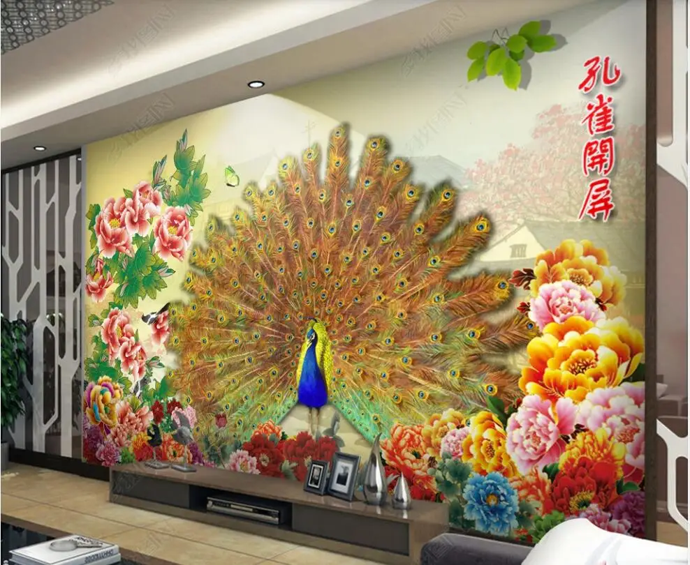 טפט תמונה 3 d מותאם אישית ציור בסגנון סיני טווס לפתוח מסך אדמונית תפאורה בסלון טפט על קירות בגלילים - 1