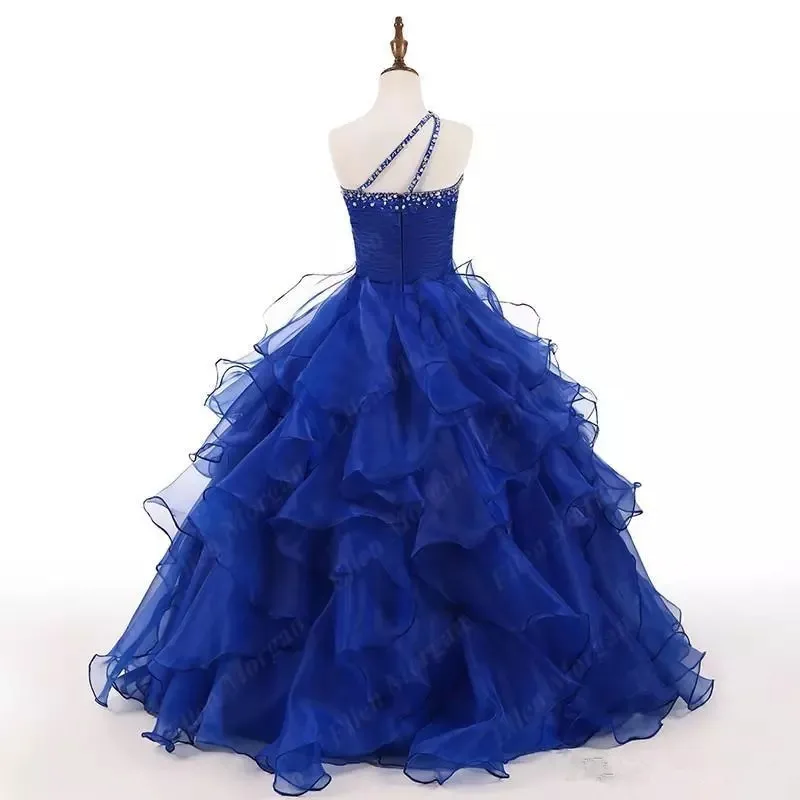 כחול פרח ילדה שמלות חתונה רשמית נוצץ גבישים מקסים Royalg כתף אחת יום הולדת לילדים שמלות אכילת לחם הקודש - 1