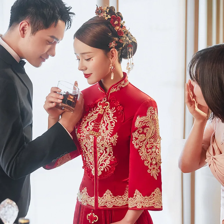 מזרחי חרוזים רקמה ציצית סינית מסורתית החתונה Cheongsam הכלה החתן צ ' יפאו השמלה китайская одежда - 1