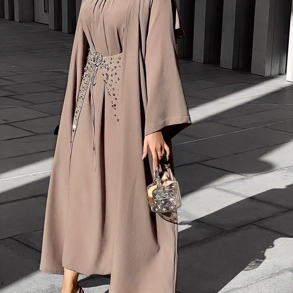 מלאכת-יד חרוזים 3 חתיכה המוסלמים להגדיר התאמת הלבוש מקומט קרפ פתוח Abaya קימונו שרוול ארוך שמלה לעטוף את החצאית דובאי סתיו - 1
