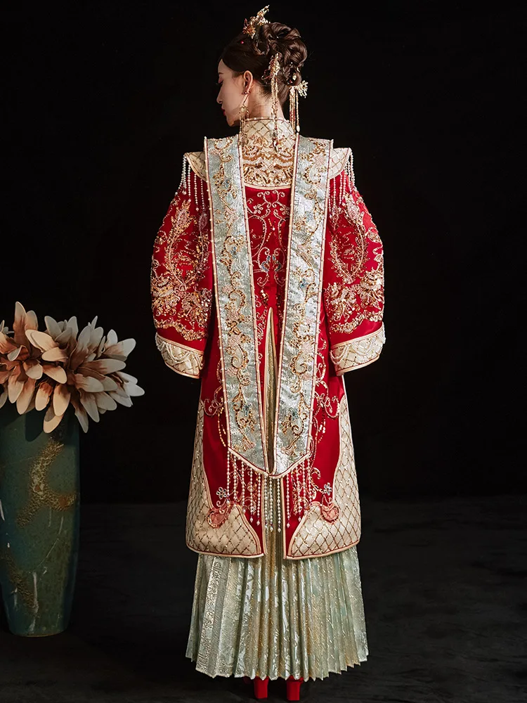 מסורתית מינג מערכת פייטים חרוזים רקמה נישואין להגדיר הכלה החתן טוסט בגדי וינטג ' Cheongsam שמלת החתונה - 1