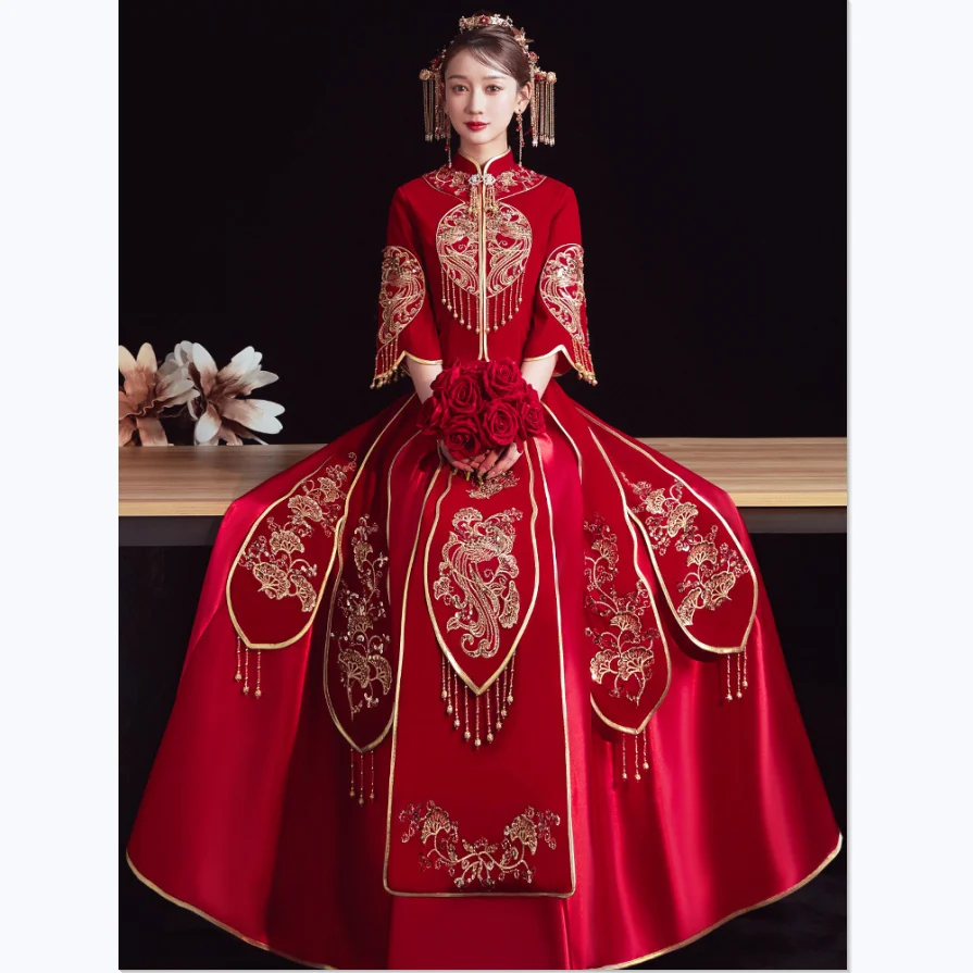 מעולה פאייטים רקמה סינית מסורתית Cheongsam כמה חליפת חתונה אלגנטית לכלה להתחתן עם שמלה китайская одежда - 1