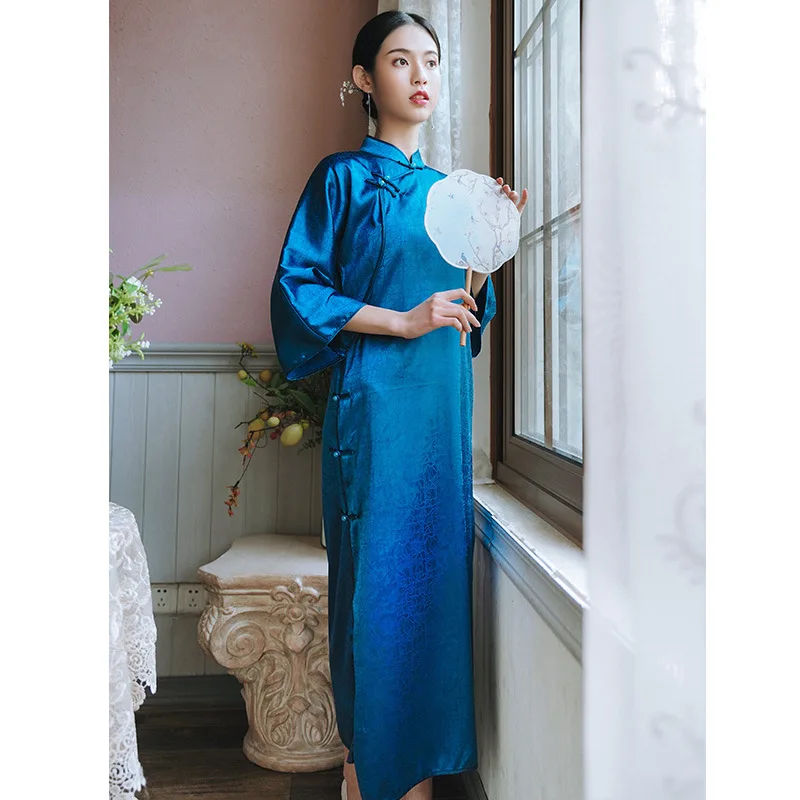 מקורי בציר כחול לעמוד צווארון אקארד חצוצרה שרוול ארוך Cheongsam שמלת נשים אלגנטי חופשי מזדמן כל יום צ ' יפאו השמלה - 1