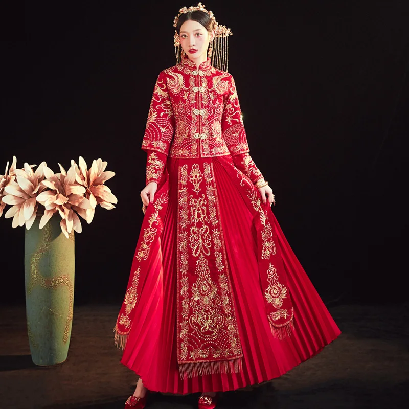 נשים האדום רקמה שמלת חתונה אלגנטית מנדרין צווארון נישואין Cheongsam טוסט בגדים - 1